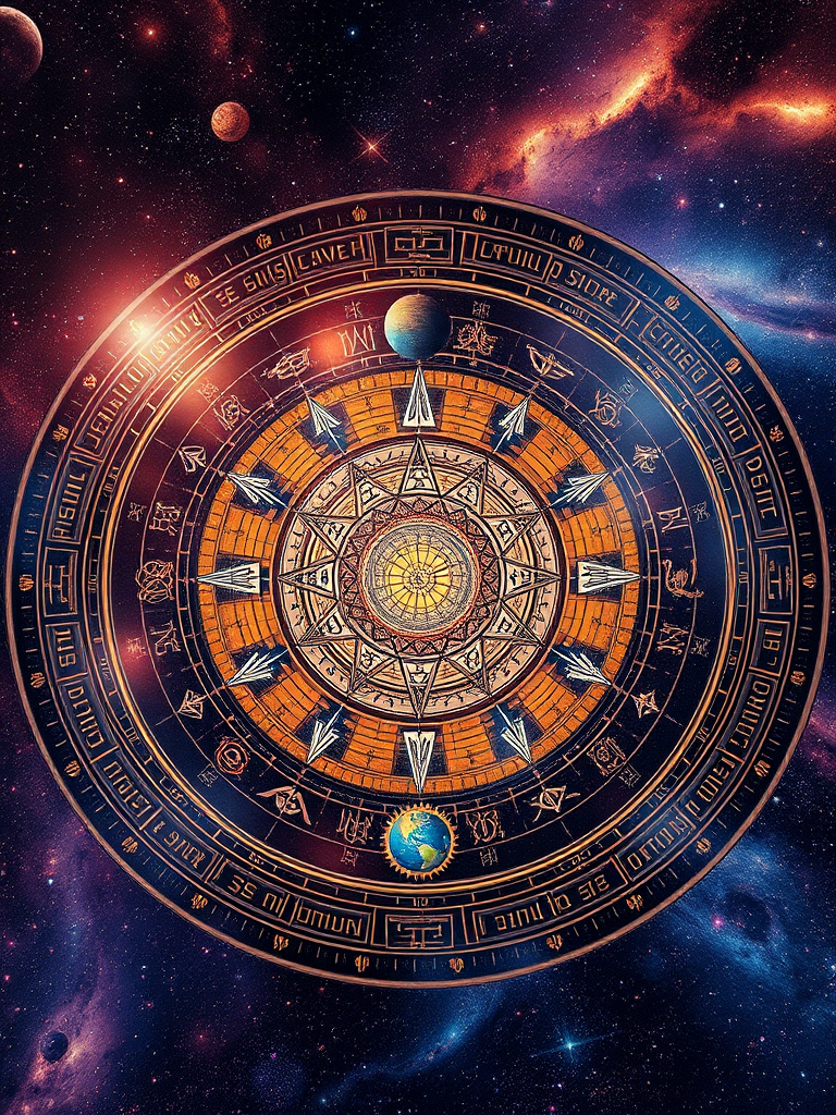 Create a high-resolution image of a cosmic map featuring a circular design with intricate astrological symbols, planets, and galaxies, shot with a Canon EOS R5 at f/8, ISO 100, 24mm lens, in a wide-angle view to enhance depth and detail, using a smooth, ethereal style to highlight the vibrant colors and celestial elements.