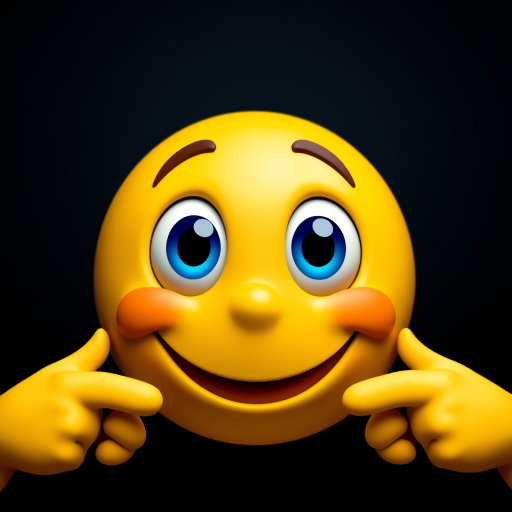 Generate a vibrant, high-resolution image of a cartoonish smiling yellow emoji with large blue eyes and an expressive face, flanked by two cartoon hands pointing, using a DSLR camera with a 50mm lens, aperture f/1.8, ISO 100, and shot from a frontal view to maximize detail and color saturation.