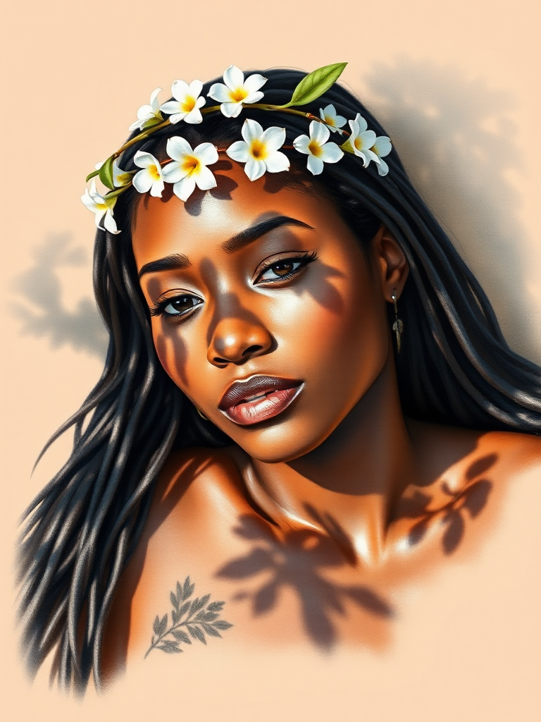 create a watercolor painting of an ethereal portrait of beautiful Garifuna woman with a simple white flower crown on her head. Her hair is long and she is lying on the ground. The sunlight on the trees casts shadows from the leaves on her face and body. The background is a neutral brown color that matches her skin tone. The image is minimalist and solid colors. This style is characterized by soft, delicate brushstrokes and a light, airy, contrasting color palette. High level of detail and play of light