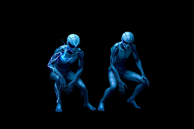 Create a digital art image of two stylized humanoid figures, one with a blue lightning motif and the other with a blue geometric pattern, both crouched in a dynamic pose against a black background; use a Canon EOS R5, 85mm lens, f/1.8 aperture, ISO 100, with a soft focus effect to enhance details and contrast.