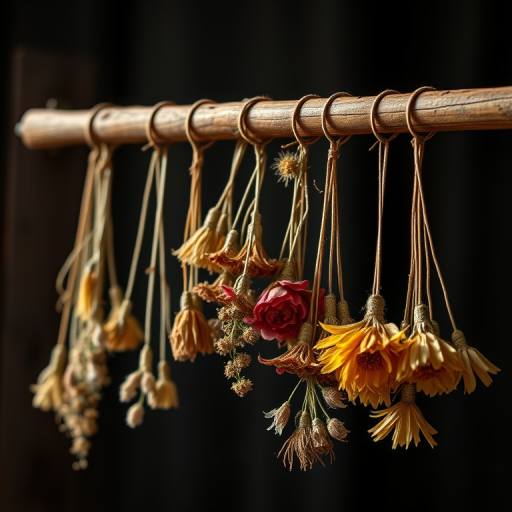 capture a still life of hanging dried flowers on a rustic wooden rod styled with natural light, using a Canon EOS 5D Mark IV with a 50mm f/1.8 lens, aperture set to f/2.8, ISO 100, and shutter speed of 1/250 sec, emphasizing texture and color contrast against a dark, blurred background