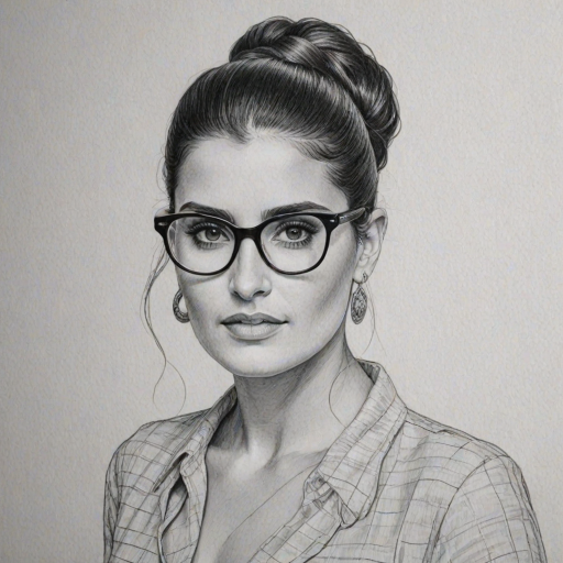 Stunning Nelly Furtado, pencil sketch, portrait of Delightful woman 1971s in glasses, hair style beatnik, outline, clear lines, fine lines, 8k