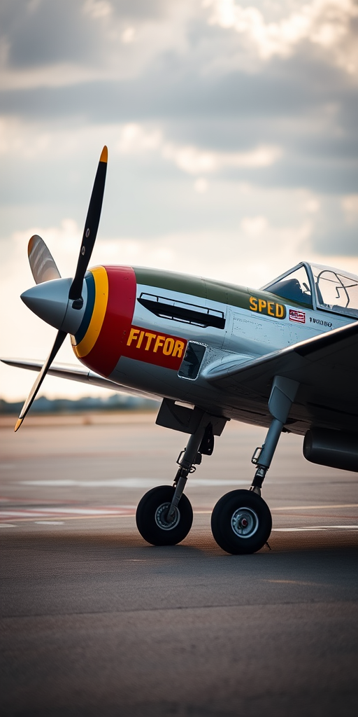 A vintage World War II fighter plane on a tarmac, side view, taken with a DSLR camera at f/2.8 aperture, ISO 100, 50mm lens, with a shallow depth of field to focus on the plane while softly blurring the background.
