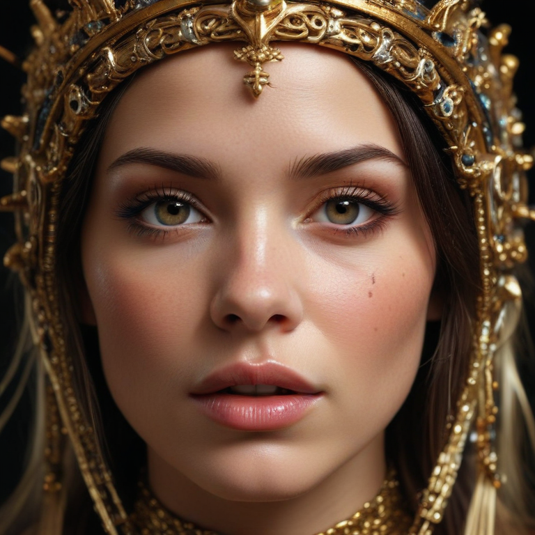 Regal Portrait of a Young Woman Adorned in Golden Crown Jewelry