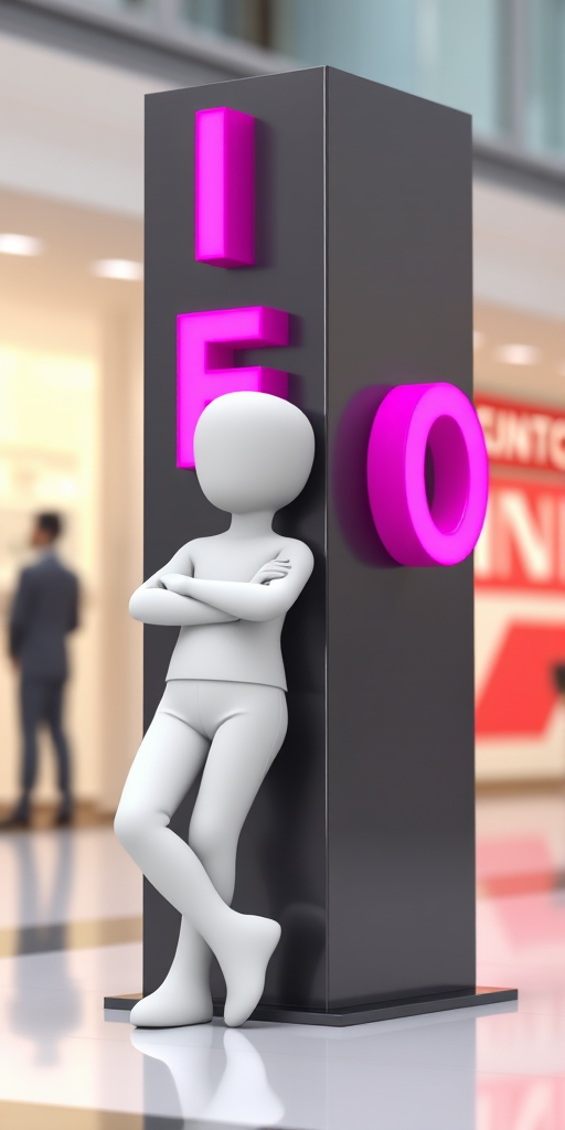 Create a 3D rendering of a stylized white figure leaning against a tall sign with the word INFO in bold pink letters, using a DSLR camera with a 50mm lens, f/1.8 aperture, 1/200 sec shutter speed, and a slight depth of field for background blur, shot from an eye-level angle, employing soft lighting to enhance details and create a clean, modern look.