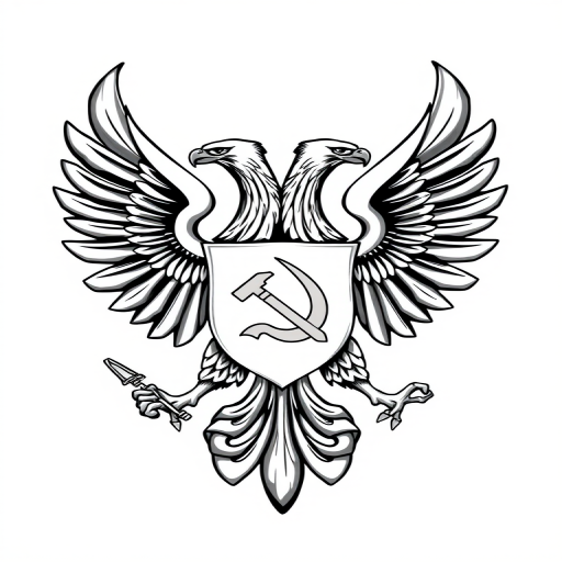 Create a detailed vector illustration of a majestic double-headed eagle emblem, featuring intricate feather details, a blank shield for customization, holding a hammer and sickle in its talons, set against a clean, contrasting background, captured with a high-resolution digital camera, f-stop at f/8 for sharpness, ISO 100 for minimal noise, and a natural lighting setup to enhance clarity and depth.