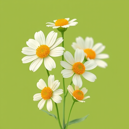 Create a vibrant illustration of stylized flowers with white petals and yellow centers, set against a muted green background, using a DSLR camera with a 50mm lens, aperture f/2.8, ISO 100, and a soft focus style for enhanced depth and color vibrancy.
