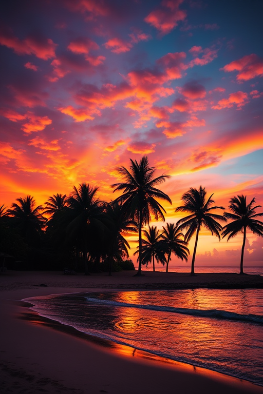 tropical sunset over a beach with palm trees silhouetted against a colorful sky, capturing reflections on the water, shot with a Canon EOS R5, 24mm lens, aperture f/11, shutter speed 1/125s, ISO 100, landscape orientation, high dynamic range photography
