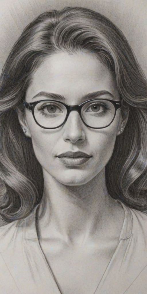 Dazzling Mercedes Mason, pencil sketch, portrait of Resplendent woman 1947s in glasses, hair style beatnik, outline, clear lines, fine lines, 8k