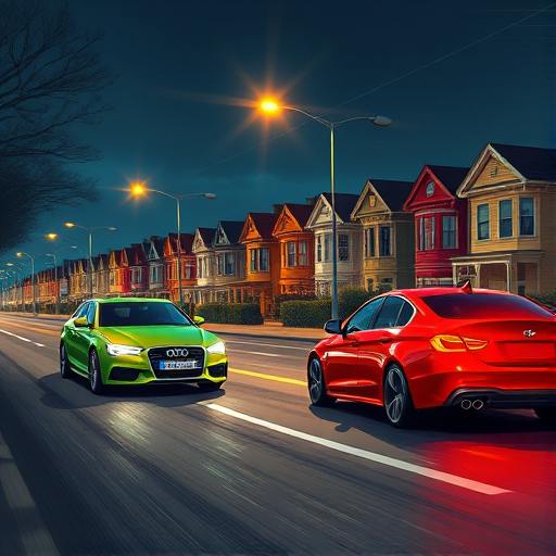 Create a digital illustration of a night street scene with two cars, one green and one red, driving on a road with street lamps, featuring a row of houses in varying colors, using a Canon EOS 5D Mark IV with a 24-70mm f/2.8 lens, aperture f/8, ISO 100, and a wide-angle view for clarity and vibrancy.