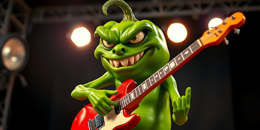 create a cartoonish green pepper monster with sharp teeth and menacing eyes playing an electric guitar, use a DSLR camera with a 50mm lens, aperture set to f/1.8 for a shallow depth of field, shot in HDR mode for enhanced dynamic range, and a well-lit studio background with dramatic lighting effects