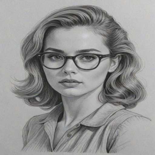 Bewitching Zoe Deutch, pencil sketch, portrait of Bewitching woman 1955s in glasses, hair style beatnik, outline, clear lines, fine lines, 8k