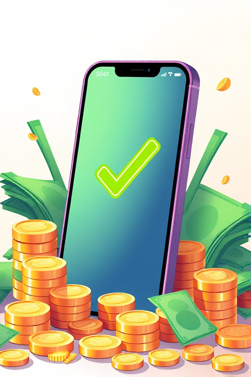 Create a vibrant illustration of a mobile payment device with a green checkmark on the screen, surrounded by stacks of gold coins and green banknotes, with a light gradient background, using a digital art style, simulating a DSLR camera with a 50mm lens, f/1.8 aperture, and a soft focus effect for depth.