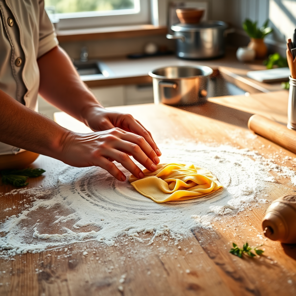High-resolution image of a chef's hands preparing fresh pasta on a wooden countertop, flour dusting the surface, dough being rolled out, soft morning light streaming through the kitchen window, herbs and vegetables scattered around, a pot of water boiling in the background.