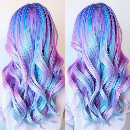 Mesmerizing holographic hair color shifting between pastel hues, styled in mermaid waves called "Aurora Dreams" capturing the ethereal beauty of northern lights