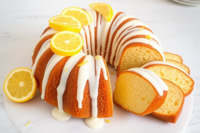 A beautifully decorated lemon bundt cake with a glossy white icing drizzled in a spiral pattern topped with bright yellow lemon zest slices and several slices of the cake cut and arranged beside it, all set on a light marble background.