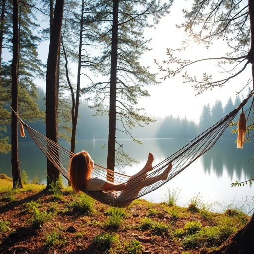 Create a serene forest scene with a woman relaxing in a hammock overlooking a tranquil lake, soft morning light filtering through the trees, use a high-resolution DSLR camera, 50mm lens, aperture f/2.8, ISO 100, and a shallow depth of field for a dreamy effect.
