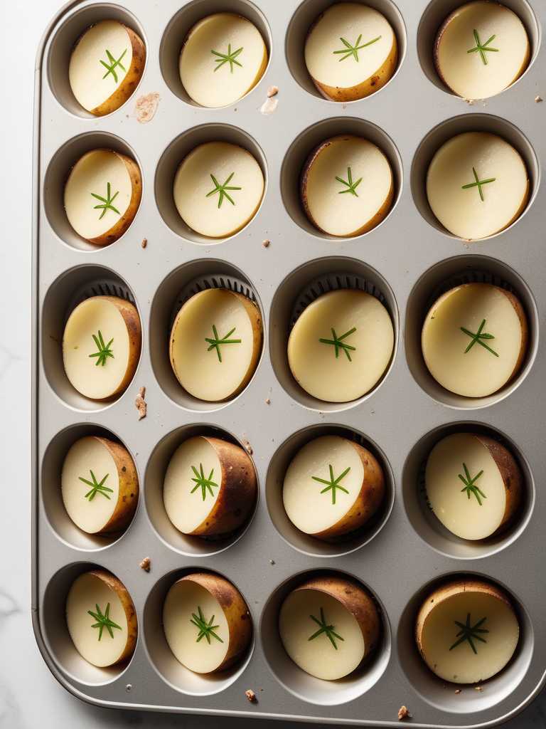 quartered potatoes in muffin pan