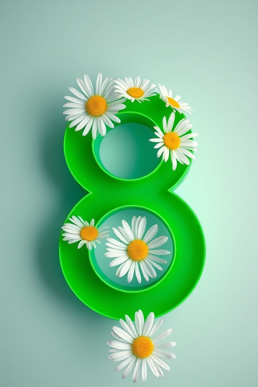 Create an image of a vibrant green number eight adorned with white daisies, using a Canon EOS R5 with 50mm f/1.2 lens, aperture set to f/2.8, ISO 100, and a soft-focus background for depth.