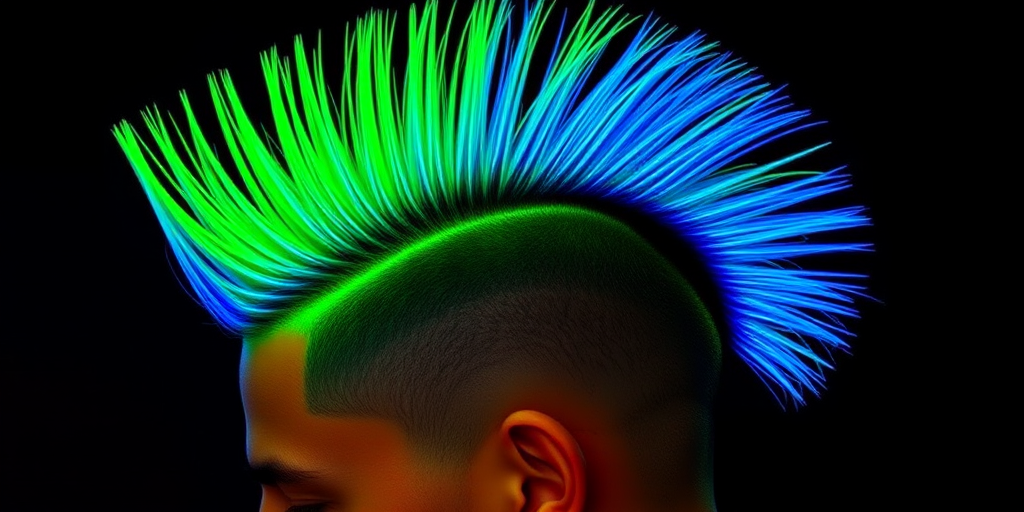 Neon green mohawk with shaved sides, designed by "Punk Peacock" stylists, featuring a tall, textured crest that gradually transitions to electric blue at the tips, accented by intricate, UV-reactive line work etched into the shaved portions, creating a bold, rebellious statement.