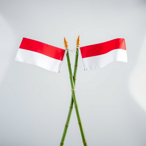 Create a high-resolution image of two crossed Indonesian flags tied to green bamboo poles against a transparent background, using a DSLR camera with an aperture of f/2.8, ISO 100, and a 50mm lens for sharp details and vibrant colors, capturing a frontal view in a soft natural light style.