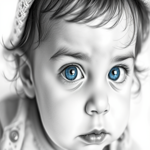 A hyperdetailed photorealistic black and white sketch of a beautiful toddler with deep blue eyes, with a macro focus