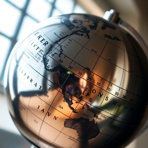 A detailed metallic globe showcasing longitude and latitude lines, captured with a Canon EOS 5D Mark IV, aperture f/8, ISO 100, 24mm lens, shot in natural light from a low angle for dramatic effect.