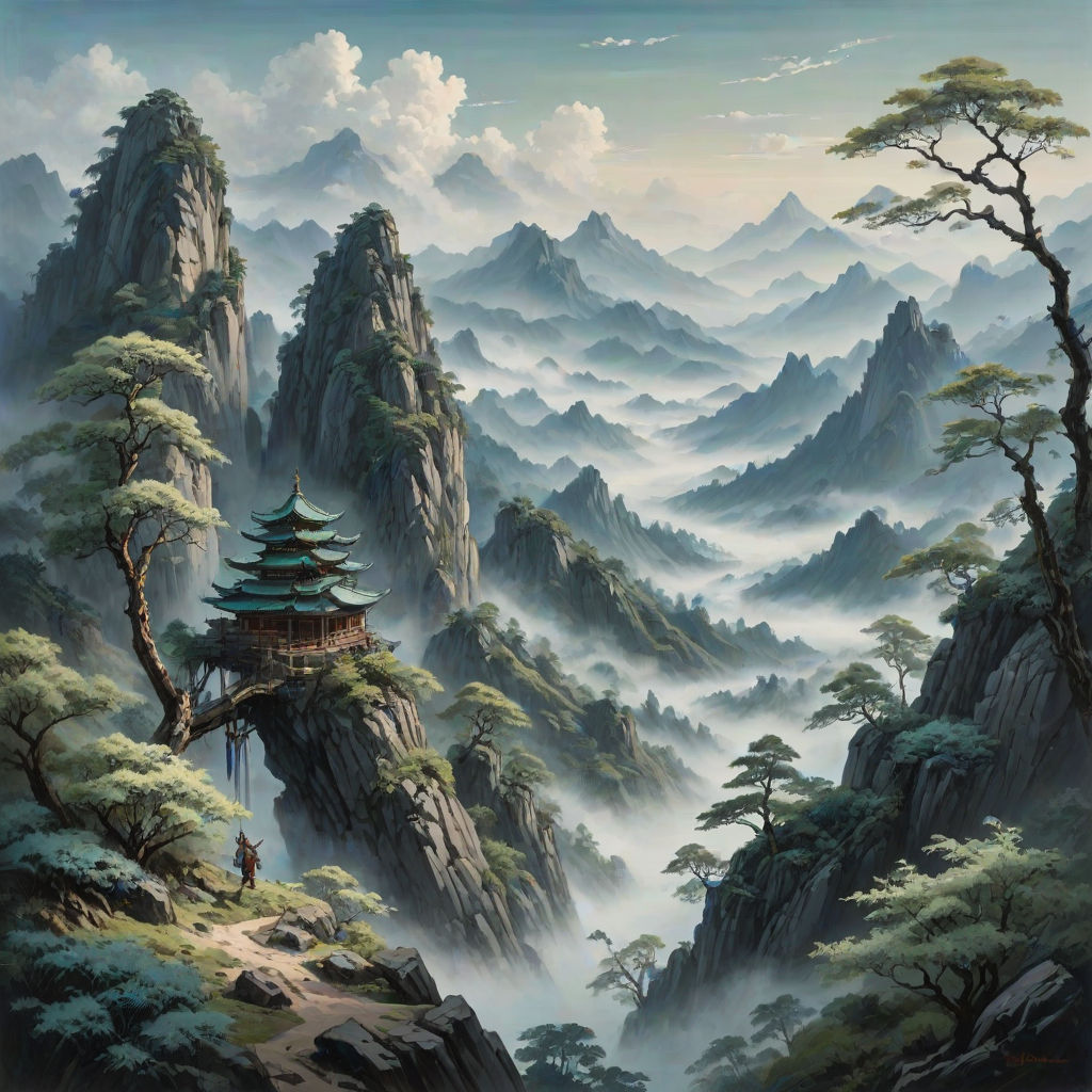 A nature landscape painting in the style of Black Myth: Wukong with a cold color scheme, featuring vibrant trees in the foreground reaching towards the sky to echo distant mountains of various shapes. Each mountain is enveloped by mist, adding a mystical touch. The overall color palette contrasts blue-gray skies with pale green vegetation. Light enters from the left side, enhancing the sense of depth and dimension, making the mountain contours more distinct and the mist appear ethereal. This detailed and poetic artwork showcases the majesty of nature while creating a serene and profound atmosphere.