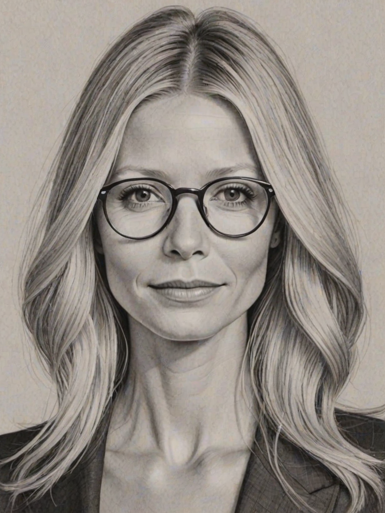 Beauteous Gwyneth Paltrow, pencil sketch, portrait of Exquisite woman 1975s in glasses, hair style beatnik, outline, clear lines, fine lines, 8k