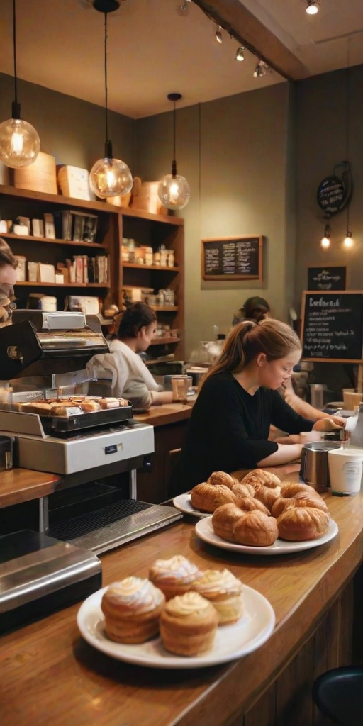 Warmly lit photo of a coffee shop filled with patrons, soft music creating a relaxed vibe, with delicious pastries displayed at the counter and friendly baristas at work.