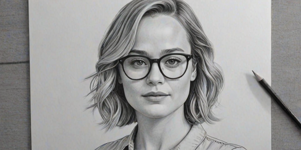 Fetching Brie Larson, pencil sketch, portrait of Captivating woman 1927s in glasses, hair style beatnik, outline, clear lines, fine lines, 8k