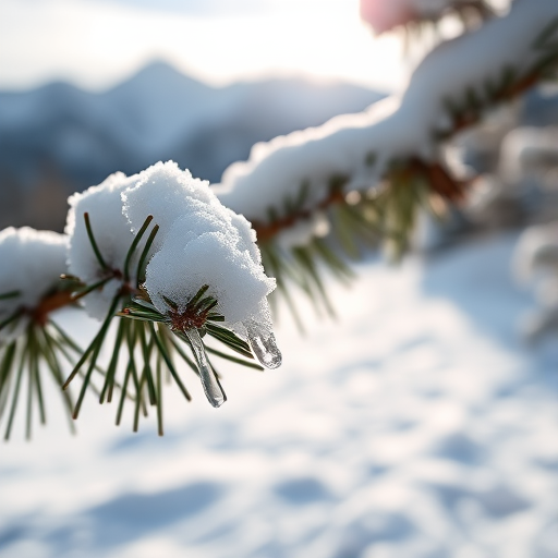 Sharp, detailed close-up of a snow-covered pine branch, soft sunlight reflecting off the icy needles, with distant snow-capped mountains blurred in the background.