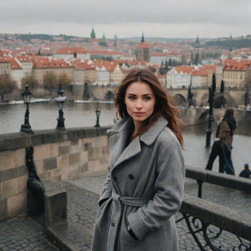 cinematic photo from above, waist up shot, sharp focus, a beautiful woman in foreground, in Prague, at the Charles Bridge, river in background, overcast rainy day, wearing long grey wool coat, warm rich color palette