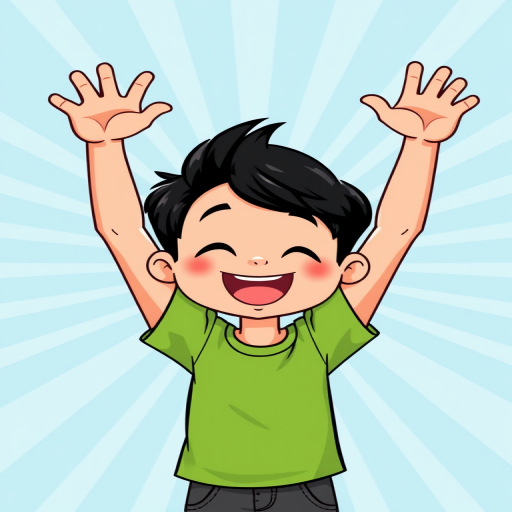 Create a cheerful cartoon image of a young boy with black hair and a green shirt, raising his arms in celebration against a light blue radial background, using a digital illustration style with high resolution, 300 DPI, and vibrant colors for enhanced quality.