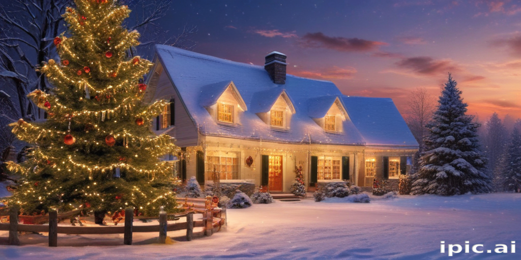 A Cozy Winter Evening Scene with a Decorated Christmas Tree and Snowy ...