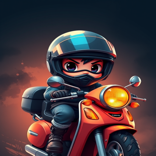 Create a vibrant and detailed illustration of a cartoon character resembling a biker in a dark helmet riding a scooter, set against a contrasting background with a focus on dynamic angles and enhanced color saturation, shot using a DSLR camera with a 50mm lens, ISO 100, f/2.8, and a shallow depth of field to highlight the character's features.