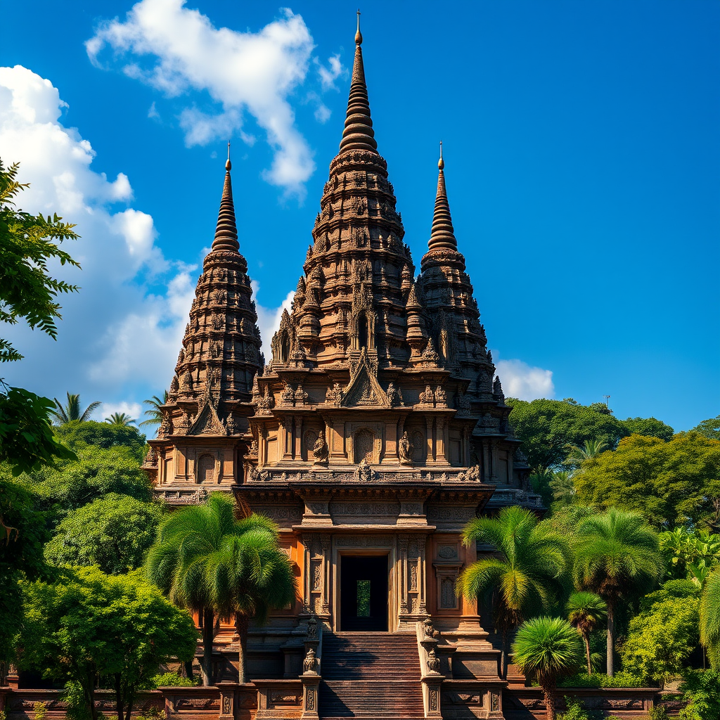 high-resolution image of a majestic ancient temple with intricate architecture, three towering spires, lush greenery surrounding it, bright blue sky with fluffy clouds, shot with a Canon EOS R5 at f/8, 1/200s, ISO 100, wide-angle lens, vibrant colors, clear details, soft lighting