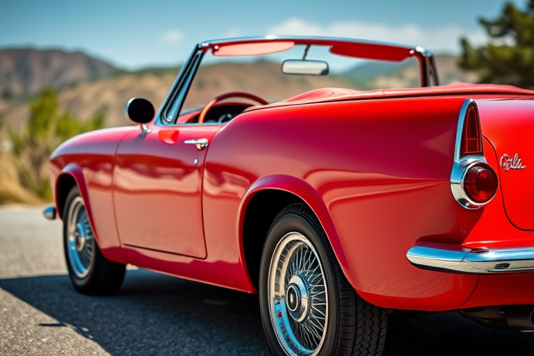 A vibrant red classic convertible car parked in a scenic location, captured with a DSLR camera, 50mm lens, aperture f/2.8, ISO 100, shot at 1/200 sec, ensuring sharp details and rich colors in bright daylight, with a slight upward angle to emphasize the car's sleek lines.