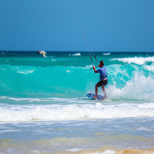 Capture a kitesurfer launching from the beach into vibrant turquoise waves, using a DSLR camera with a 50mm lens, aperture set to f/2.8, ISO 200, shutter speed 1/1000s, shot from a low angle to emphasize the action and spray of water.
