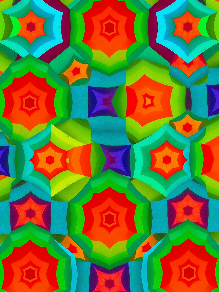 Create a high-resolution image of a repeating pattern featuring colorful 3D hexagons in vibrant shades of red, blue, green, and yellow, taken with a DSLR camera at 50mm focal length, aperture f/8, ISO 100, and a top-down view for clarity and detail.