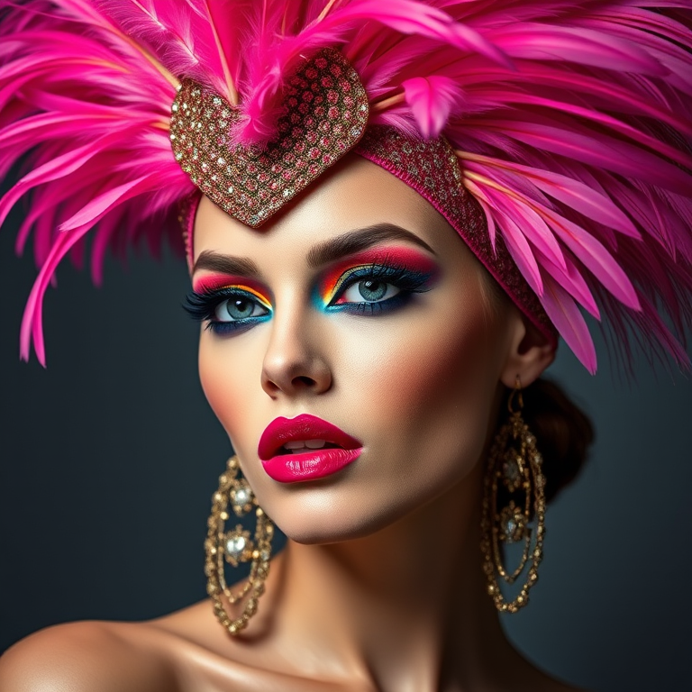 portrait of a fashionable model with vibrant makeup and an elaborate feather headdress, studio lighting, f/2.8 aperture, 85mm lens, ISO 100, soft focus background, high-resolution, shot in a medium close-up view with dramatic shadows