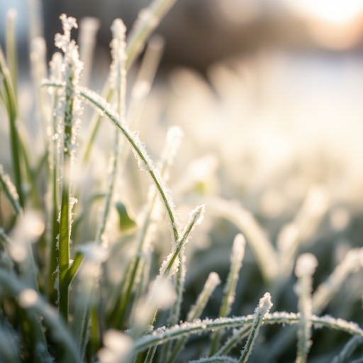 Frosty grass close-up with a soft focus, shot with a DSLR camera at f/2.8 aperture, 1/250 sec shutter speed, ISO 100, 50mm lens, natural backlighting for enhanced texture and detail.