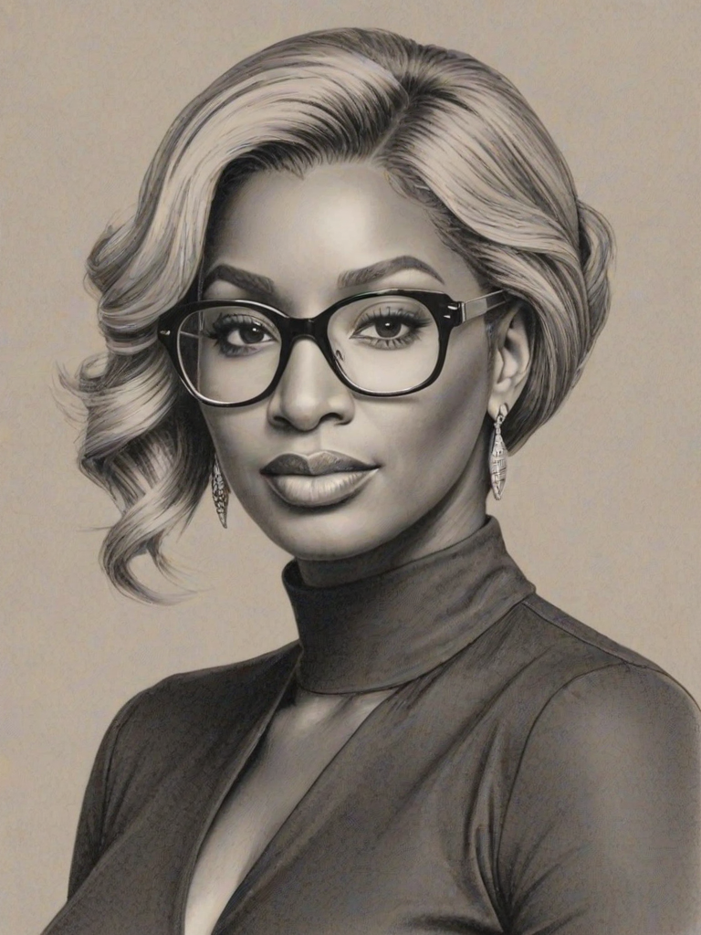 Alluring Nene Leakes, pencil sketch, portrait of Pleasing woman 1965s in glasses, hair style beatnik, outline, clear lines, fine lines, 8k