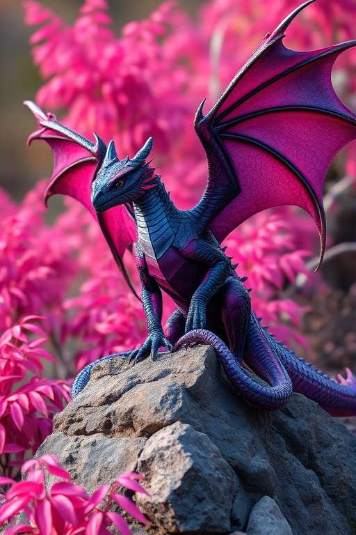 A majestic dragon with vibrant purple and blue scales, large wings spread wide, perched on a rocky outcrop surrounded by glowing pink foliage, taken with a DSLR camera, 50mm lens, f/2.8, ISO 100, in a low angle view with soft focus on the background.