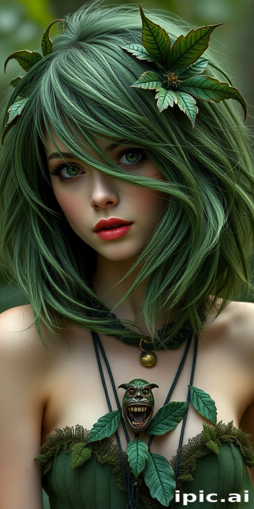 Enchanting forest green-haired nymph with a tousled, layered bob featuring leaf-like textures and nature-inspired accessories