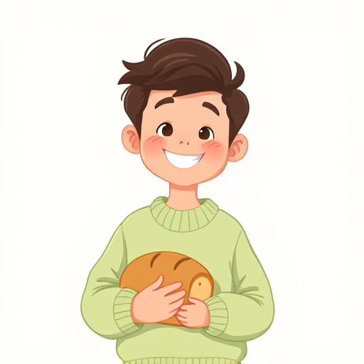 Create a high-quality illustration of a smiling person wearing a light green sweater, holding a loaf of bread in one hand, in a simple cartoon style; use a digital drawing tablet with a crisp resolution of 300 DPI, and a soft, diffused lighting effect to enhance the colors.