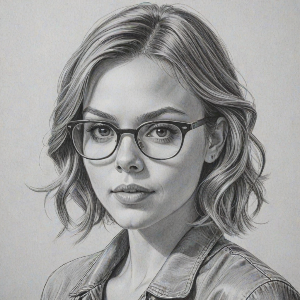 Splendid Aimee Teegarden, pencil sketch, portrait of Magnificent woman 1958s in glasses, hair style beatnik, outline, clear lines, fine lines, 8k