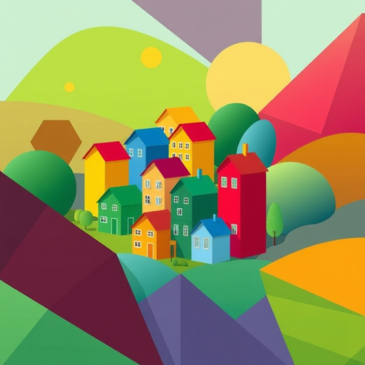 Create a vibrant geometric illustration of colorful houses arranged amid abstract shapes and varying shades of green, using a wide-angle lens, f/8 aperture, ISO 100, and a high-resolution digital camera.