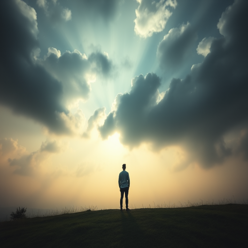 Regenerate the image of a figure standing in a mystical landscape with dramatic clouds and a soft glow, using a DSLR camera with a 35mm lens, aperture f/2.8, shutter speed 1/125s, ISO 100, in a wide-angle view to capture the expansive scenery and enhance depth.