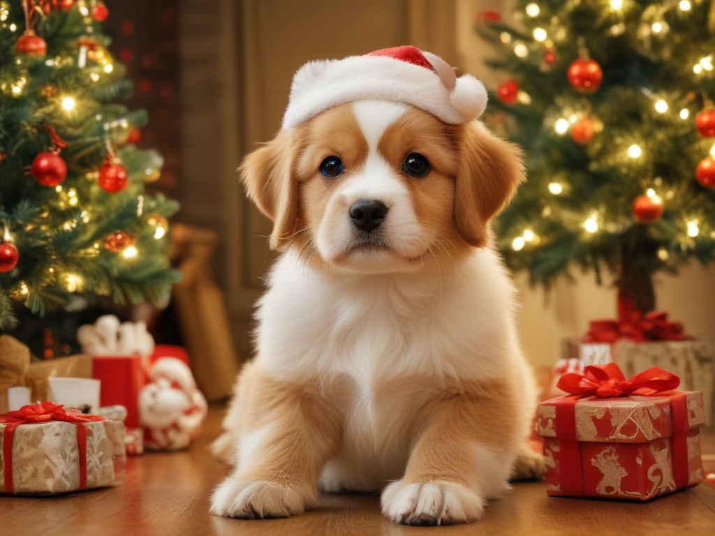 Adorable Puppy in a Santa Hat Surrounded by Christmas Decorations and Gifts